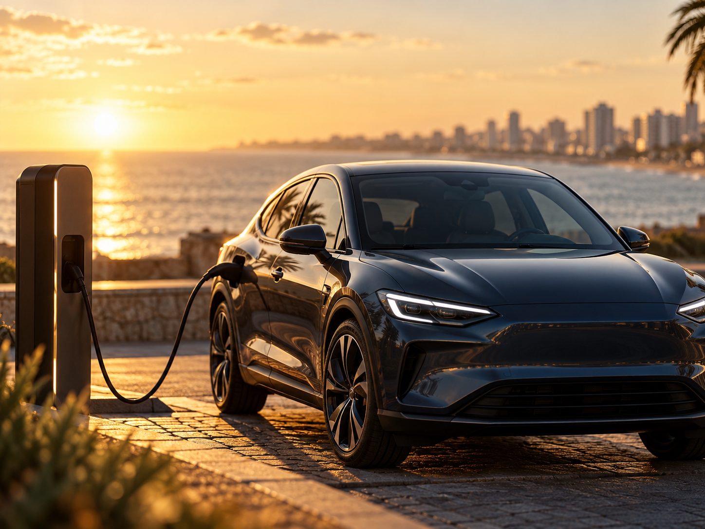 Auto nuevo estacionado junto a un cargador al atardecer
