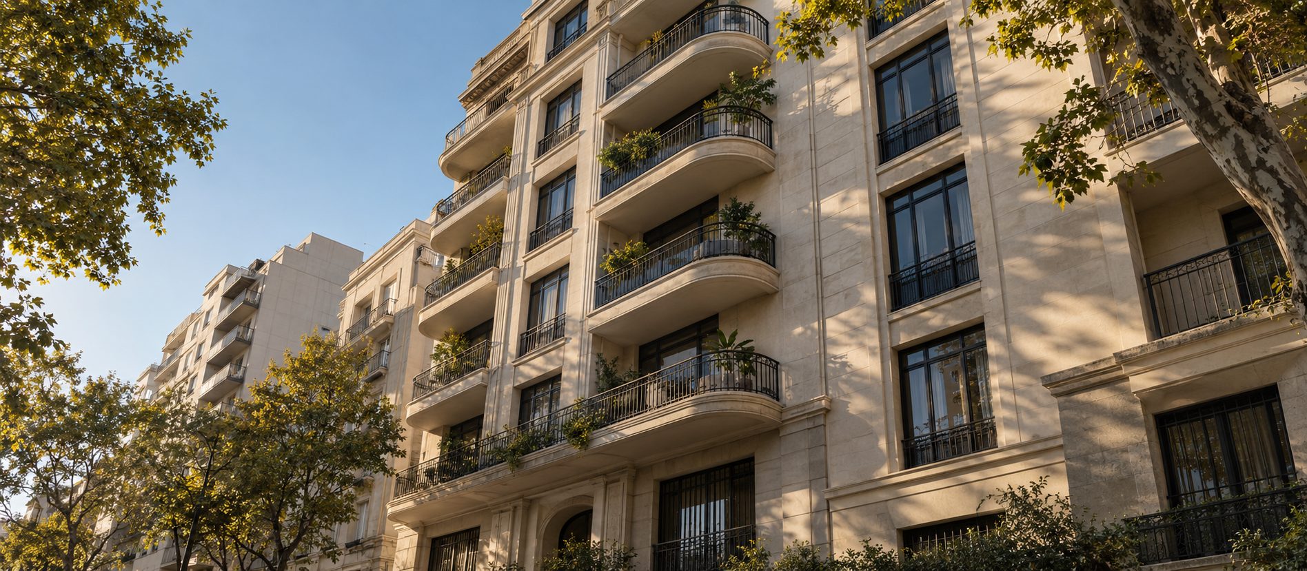 Fachada de un edificio residencial entre árboles urbanos