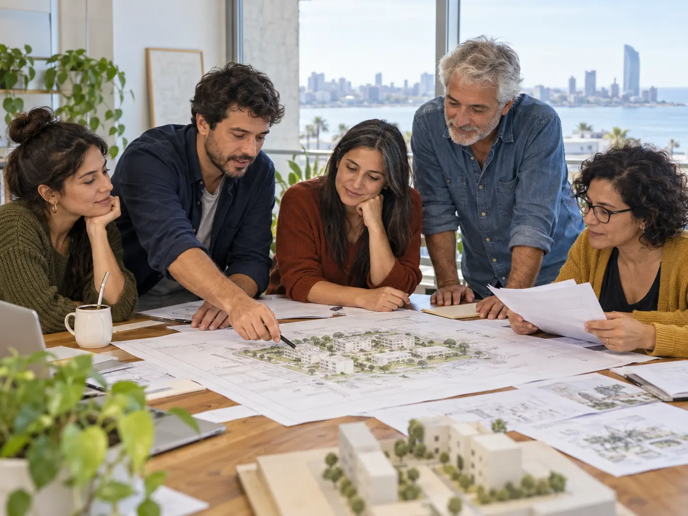 Grupo revisando planos para formar una cooperativa de vivienda en Uruguay