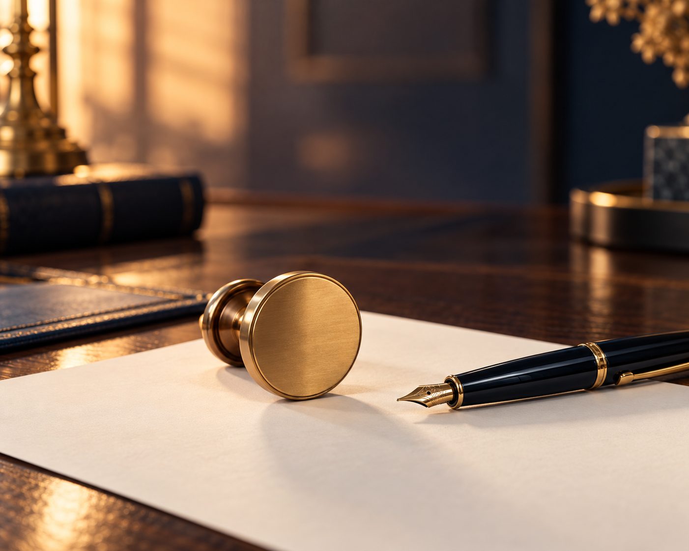 Sello notarial y documento sobre un escritorio