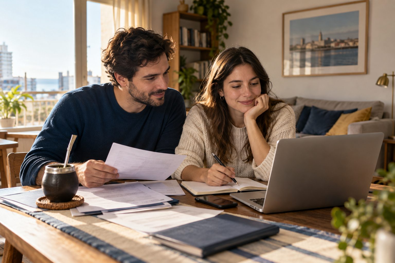 Pareja organizando documentos para la compra de su primera vivienda