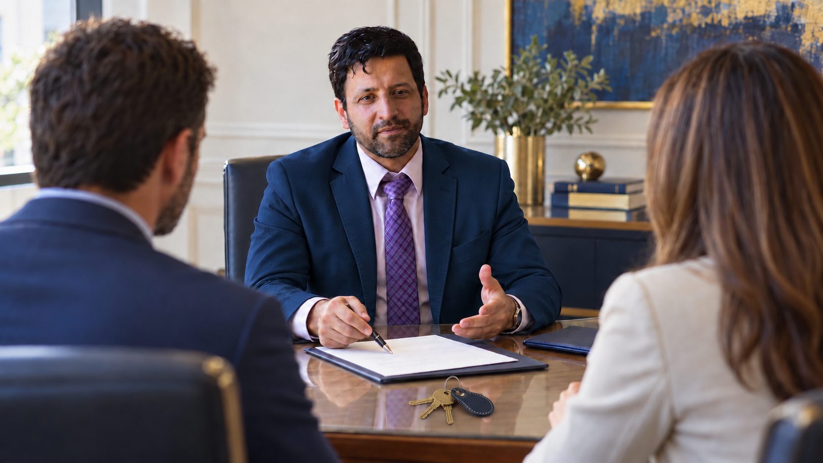 Mesa de reunión inmobiliaria con llaves y documentos