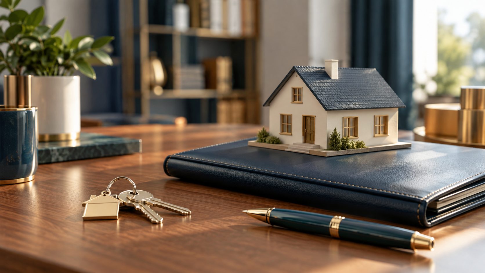 Maqueta de vivienda y llaves sobre escritorio