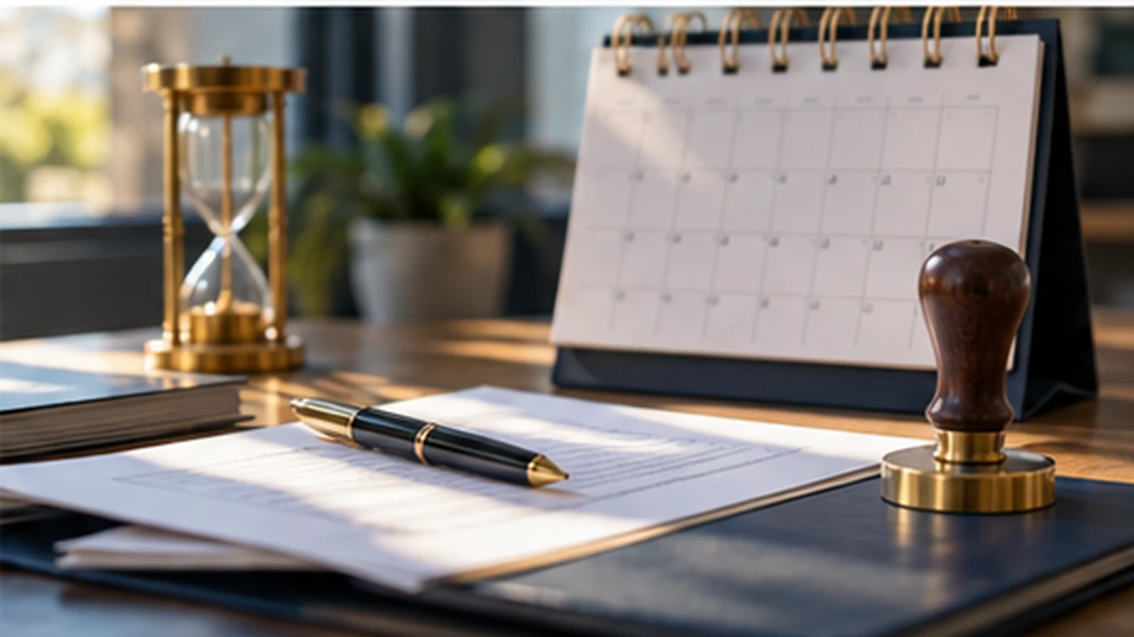 Calendario, documentación y sello sobre escritorio para representar la renovación de un certificado