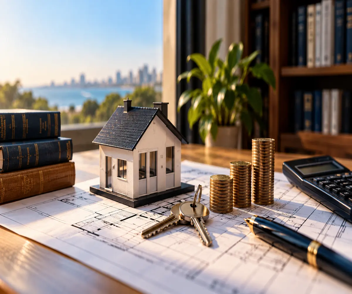 Maqueta de una casa sobre planos, con llaves y monedas